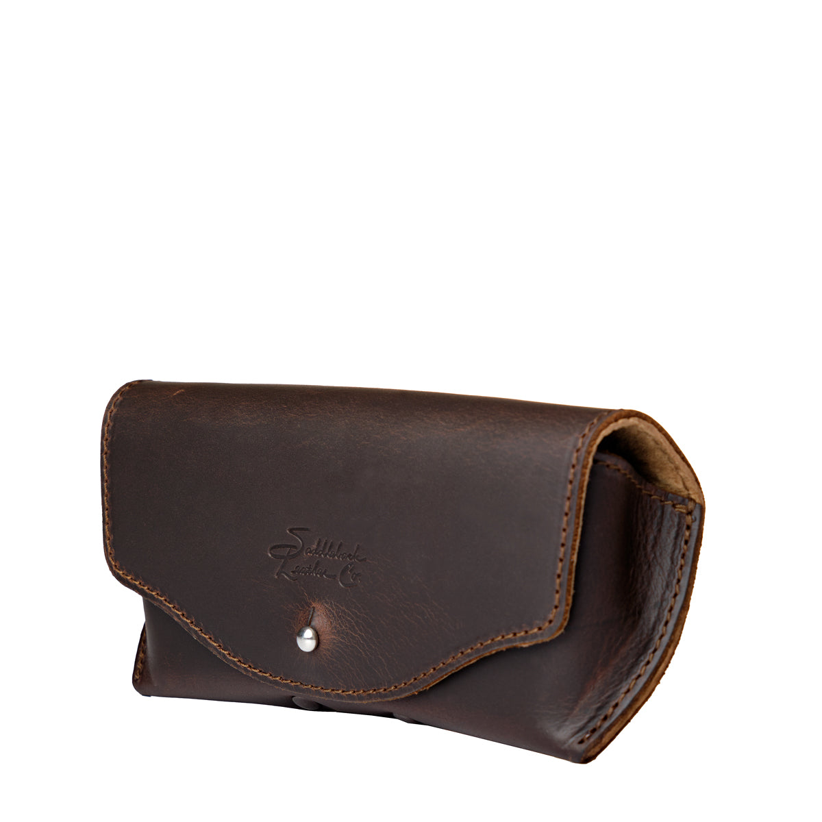 Leather Sunglass Case in Dark Coffee Brown, closed angled side view showing curved flap and snap closure