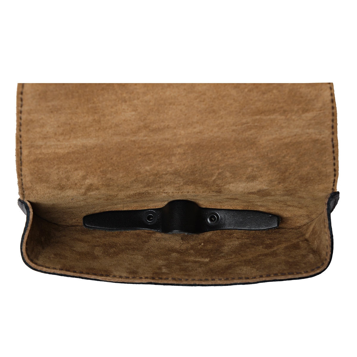 Leather Sunglass Case, open top-down view showing soft suede lining and snap tab