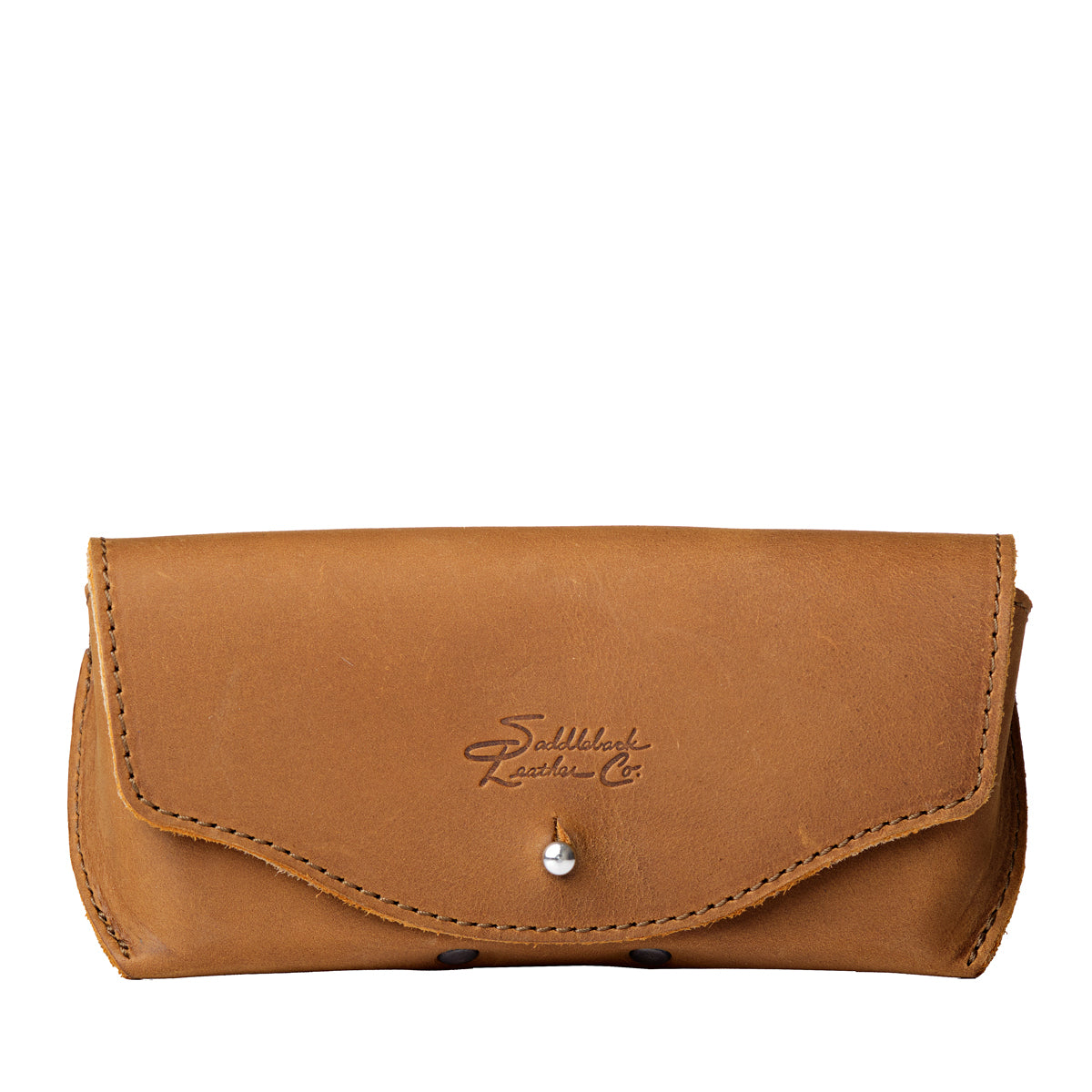 Leather Sunglass Case in Tobacco, closed front view with flap, snap closure and embossed logo