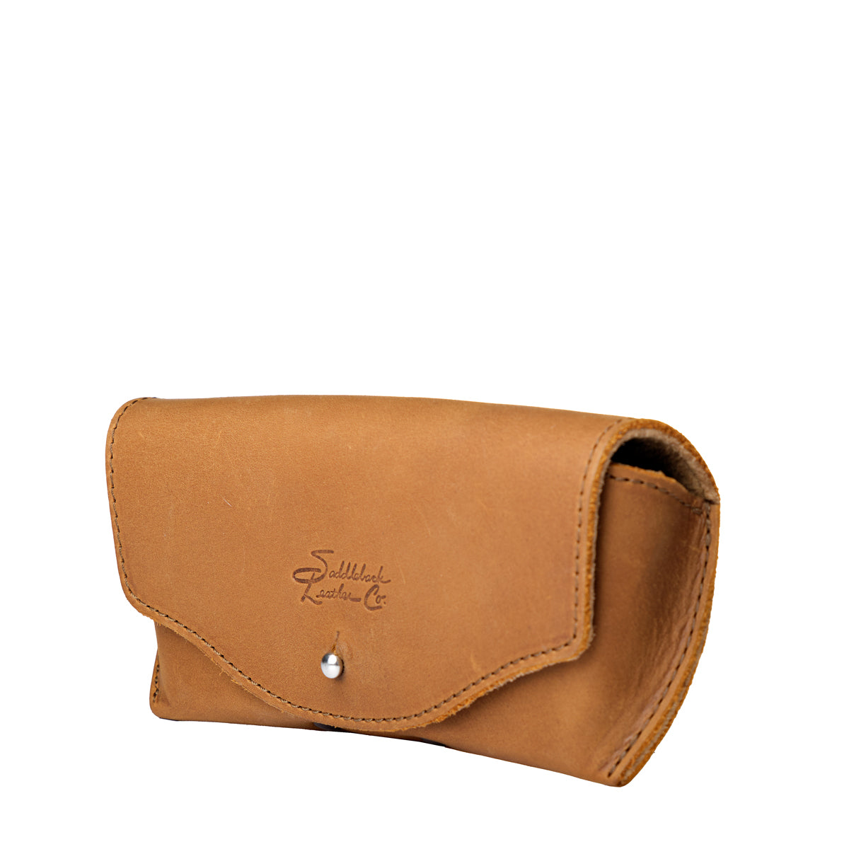 Leather Sunglass Case in Tobacco, closed angled side view showing curved flap and snap closure