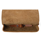 Leather Sunglass Case in Tobacco, open top-down view showing soft suede lining and snap tab