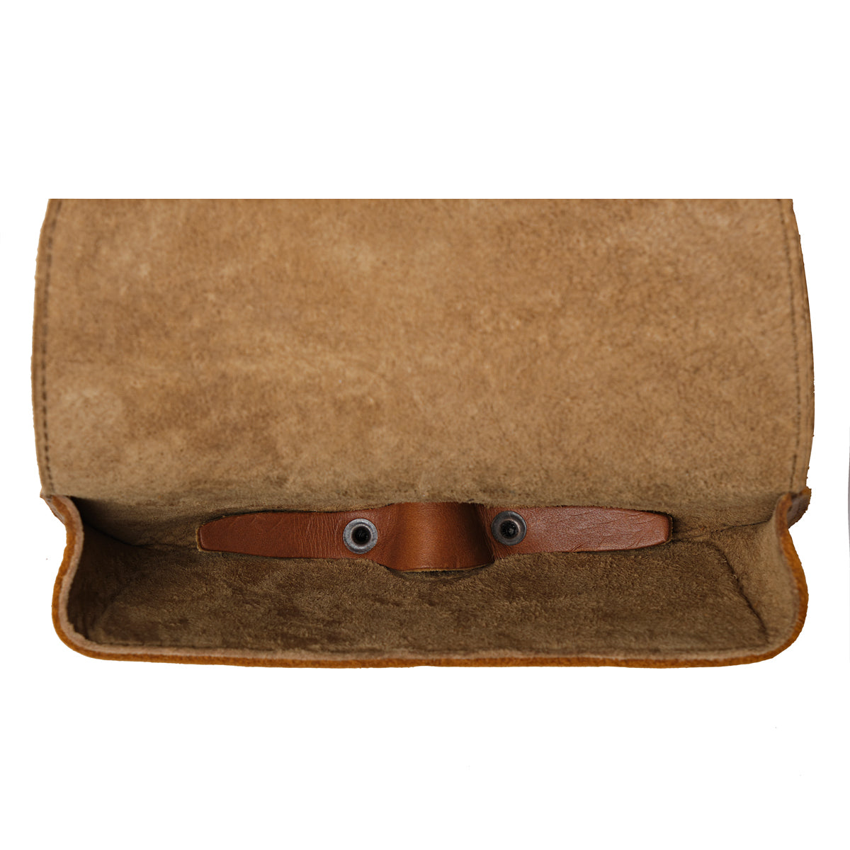 Leather Sunglass Case in Tobacco, open top-down view showing soft suede lining and snap tab