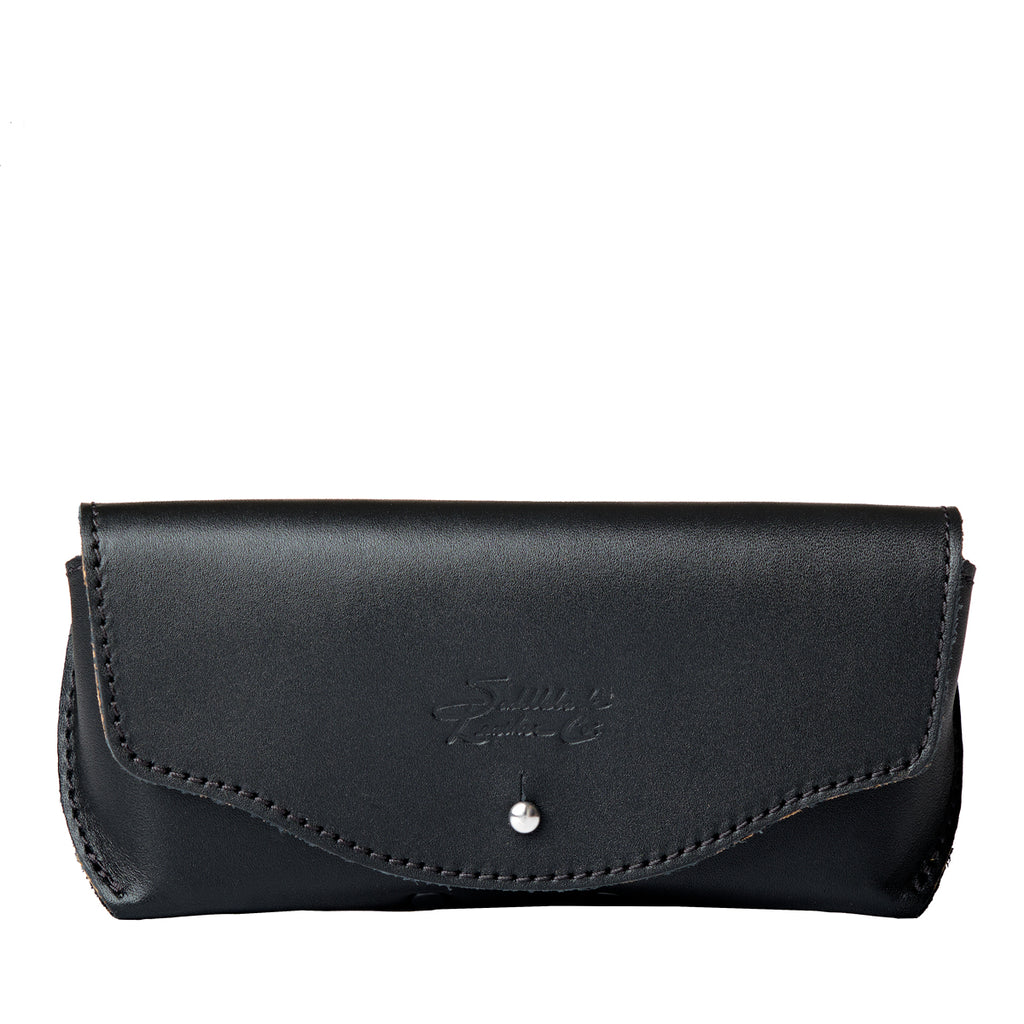 Leather Sunglass Case in Black, closed front view with flap, snap closure and embossed logo