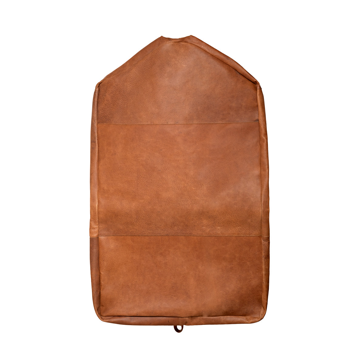 Garment Bag in Tobacco, back view laid flat showing paneled leather