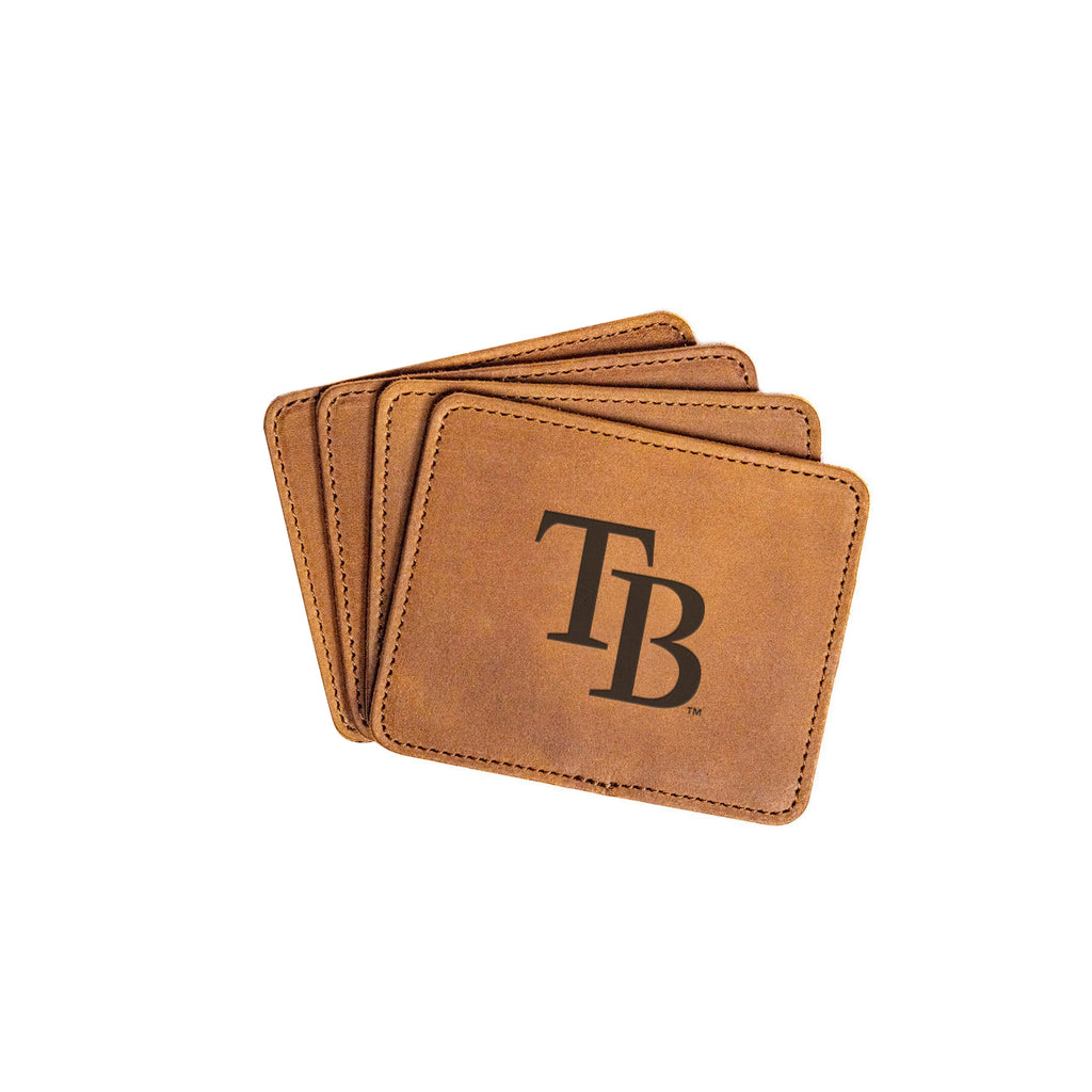 Tampa Bay Rays Leather Coaster Set in Tobacco, four fanned coasters with embossed TB logo