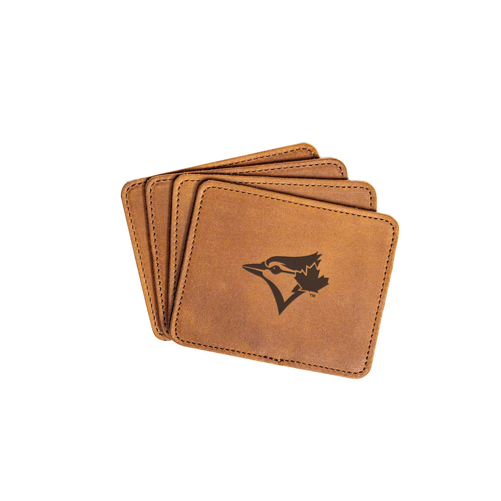 Toronto Blue Jays Leather Coaster Set in Tobacco, four fanned coasters with embossed bird and maple leaf logo