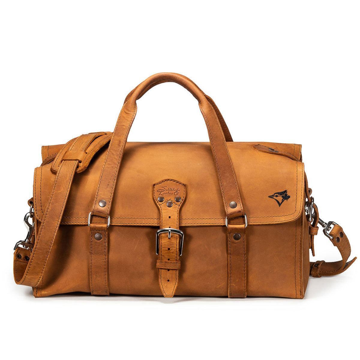20" Baby Beast Duffle Bag in Tobacco with Toronto Blue Jays logo, front view with shoulder strap