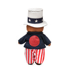 2026 Uncle Sam Teddy Bear, back view with star top hat, navy jacket with round red leather patch and striped pants