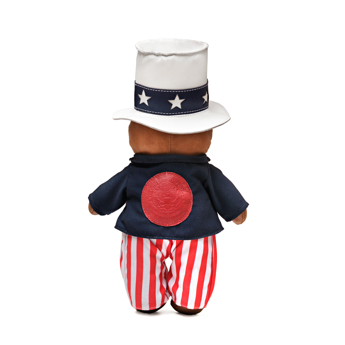 2026 Uncle Sam Teddy Bear, back view with star top hat, navy jacket with round red leather patch and striped pants