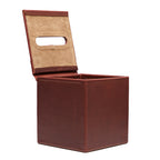 Tissue Box in Chestnut leather, side view with the hinged lid raised to show the suede underside and tissue slot