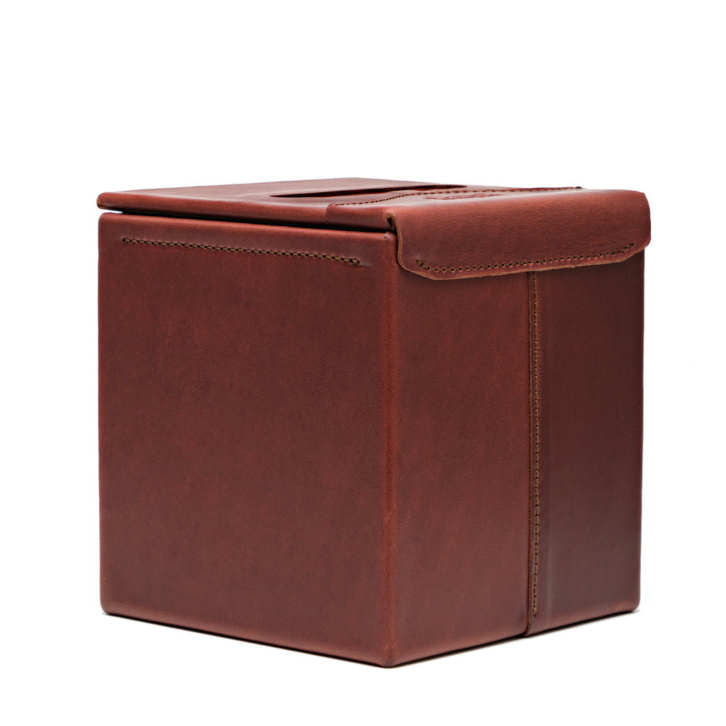 Tissue Box in Chestnut leather, angled view of the empty box showing the stitched corner seam and lid