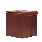 Tissue Box in Chestnut leather, angled view of the empty box showing the stitched corner seam and lid
