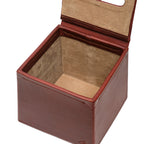 Tissue Box in Chestnut leather with hinged lid open, showing the empty suede-lined interior