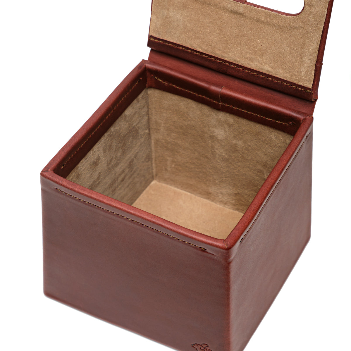 Tissue Box in Chestnut leather with hinged lid open, showing the empty suede-lined interior