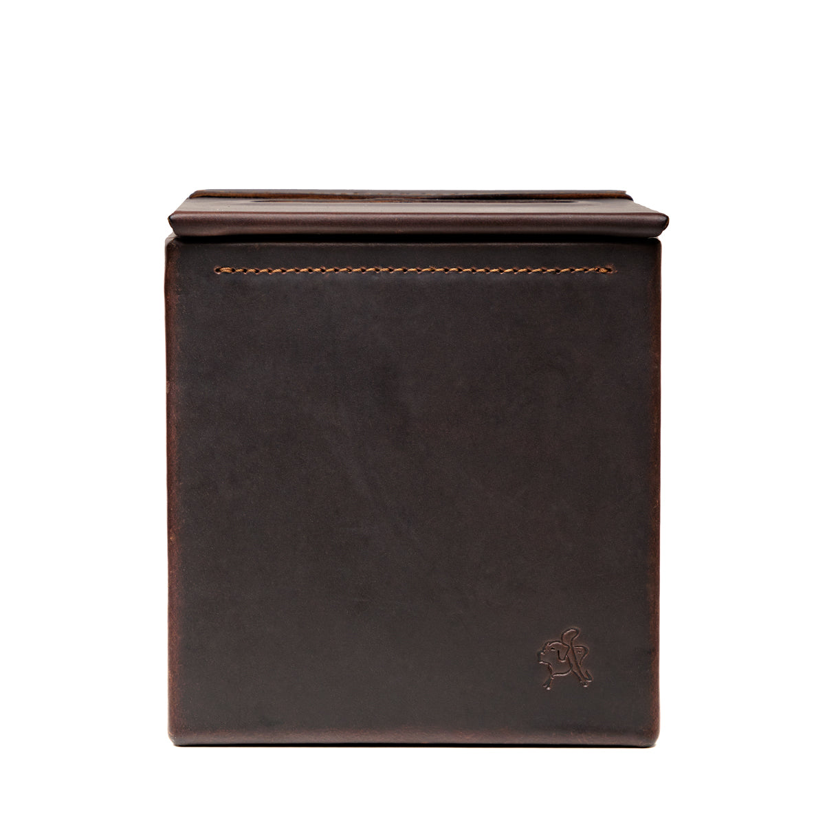 Tissue Box in Dark Coffee Brown leather, straight-on side view of the empty box with embossed pig logo