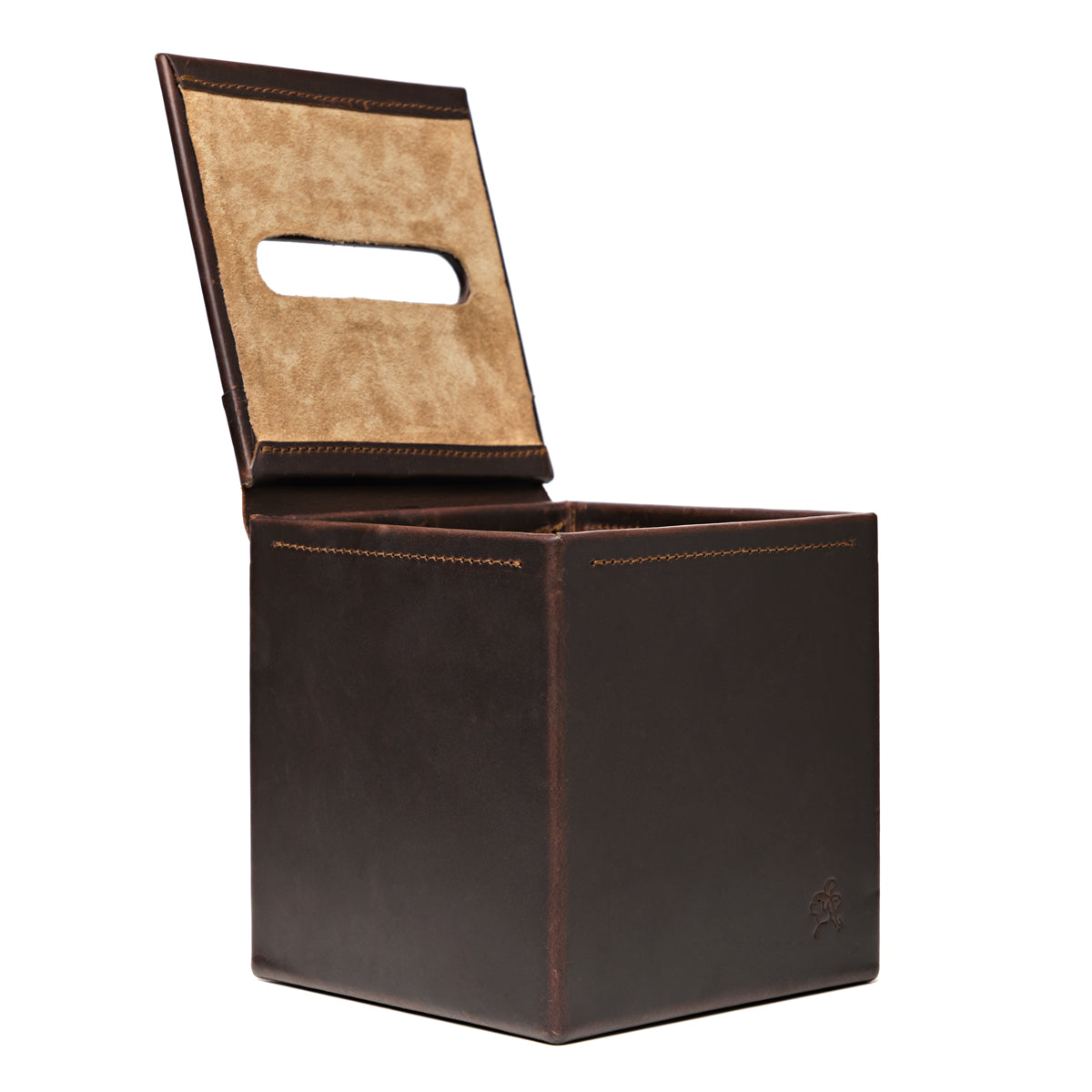 Tissue Box in Dark Coffee Brown leather, side view with the hinged lid raised to show the suede underside and tissue slot