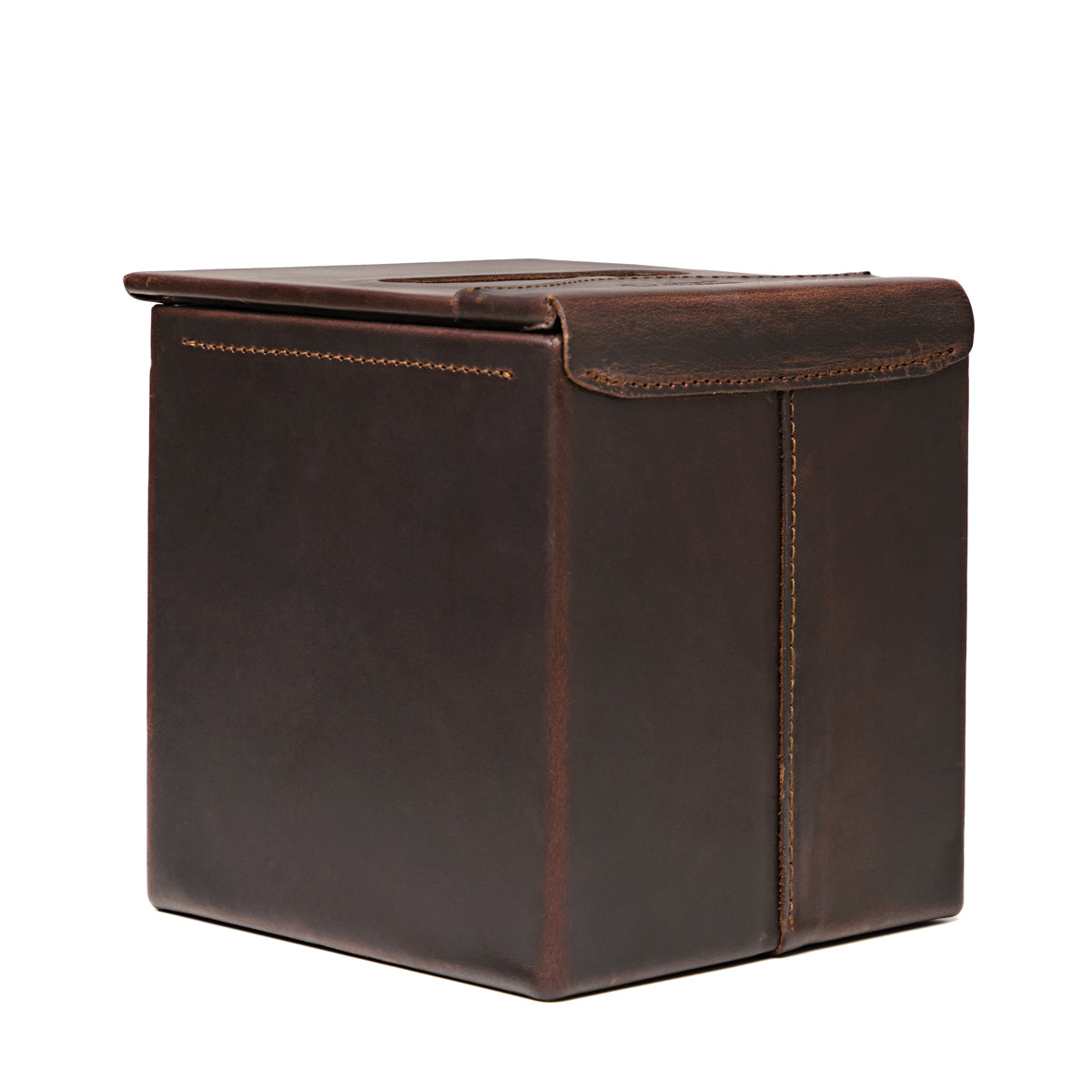 Tissue Box in Dark Coffee Brown leather, angled view of the empty box showing the stitched corner seam and lid