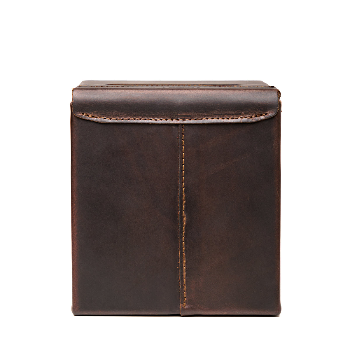 Tissue Box in Dark Coffee Brown leather, back view showing the vertical stitched seam and lid flap