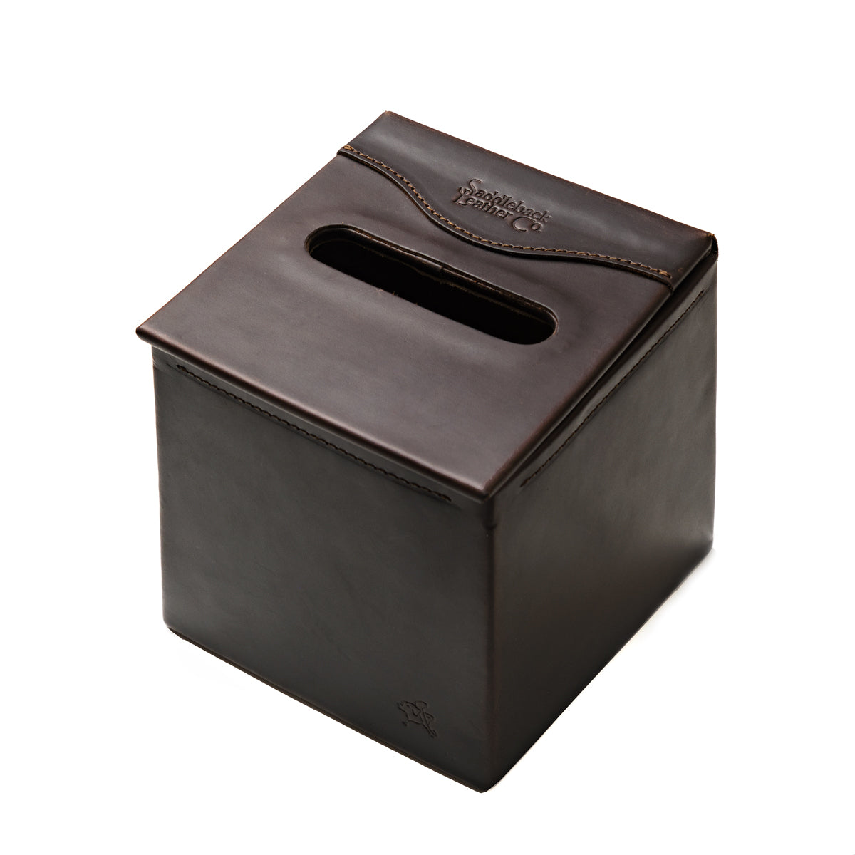 Tissue Box in Dark Coffee Brown leather, empty, top angled view of the tissue slot and embossed Saddleback Leather Co. logo