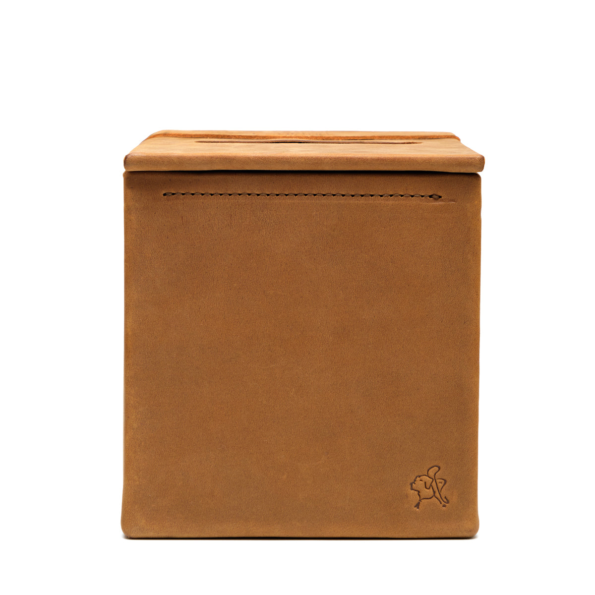 Tissue Box in Tobacco leather, straight-on side view of the empty box with embossed pig logo
