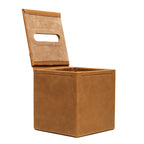Tissue Box in Tobacco leather, side view with the hinged lid raised to show the suede underside and tissue slot
