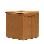 Tissue Box in Tobacco leather, angled view of the empty box showing the stitched corner seam and lid