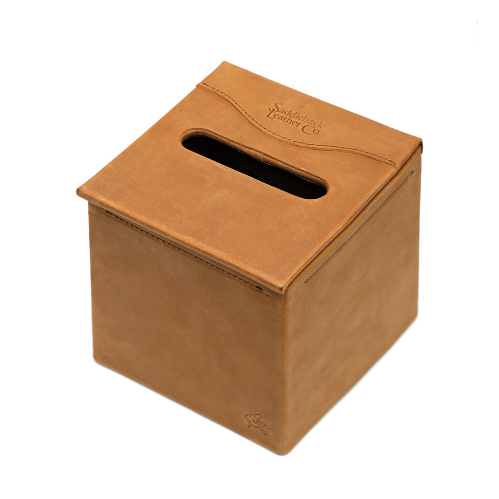 Tissue Box in Tobacco leather, empty, top angled view of the tissue slot and embossed Saddleback Leather Co. logo