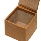 Tissue Box in Tobacco leather with hinged lid open, showing the empty suede-lined interior