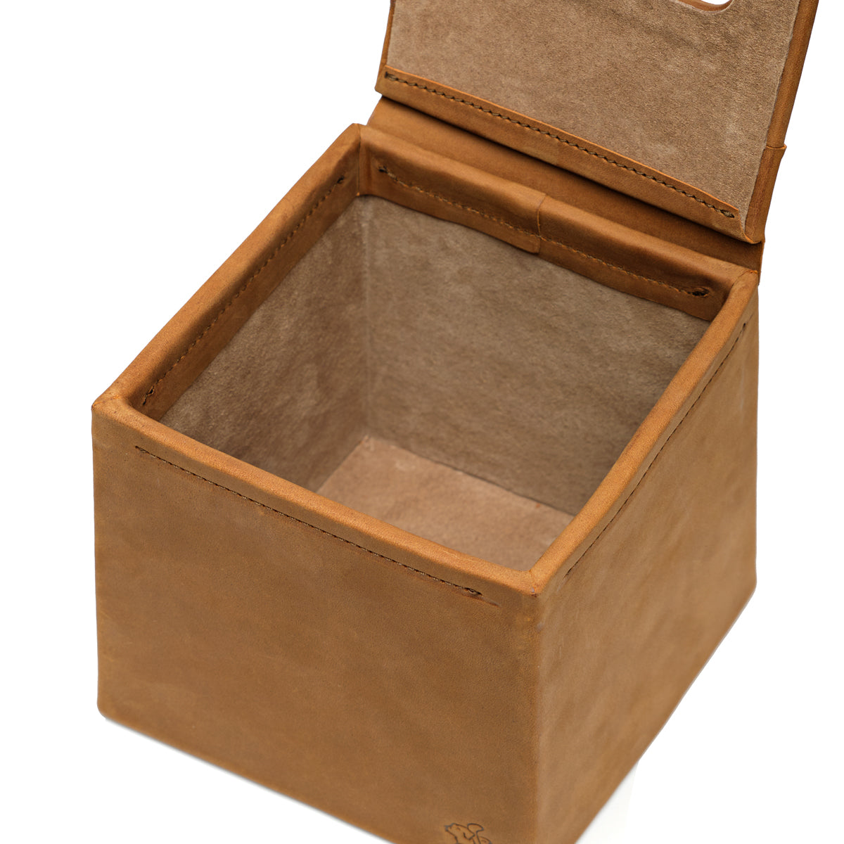 Tissue Box in Tobacco leather with hinged lid open, showing the empty suede-lined interior
