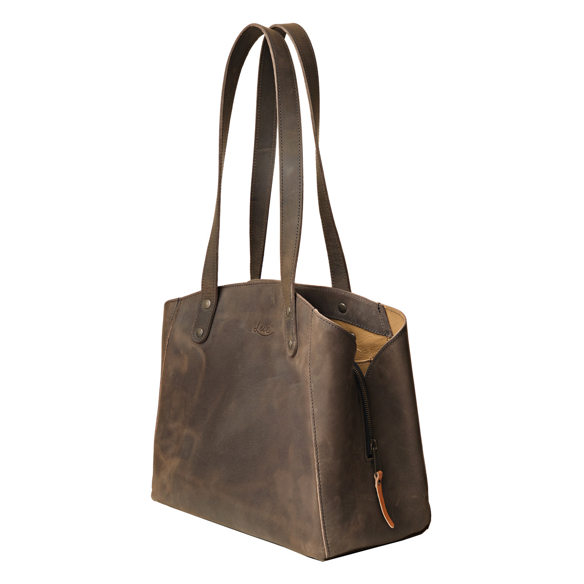 Leather Organizer Satchel in Black, angled side view showing the side zipper pull