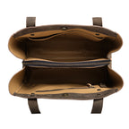 Leather Organizer Satchel in Black, top-down view of the empty interior with zippered divider and key clip