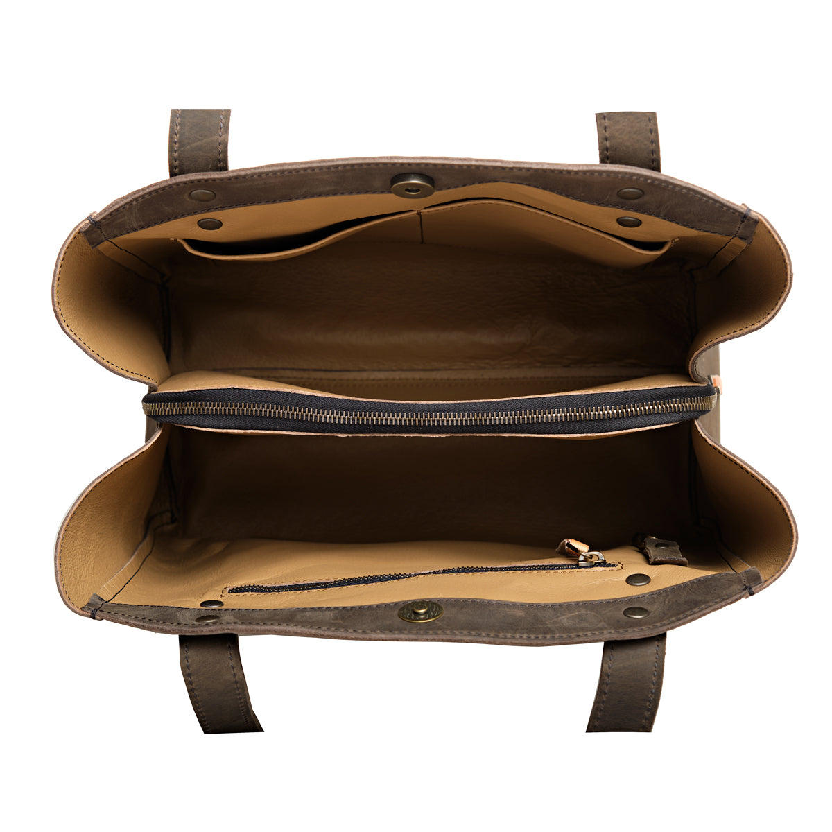 Leather Organizer Satchel in Black, top-down view of the empty interior with zippered divider and key clip