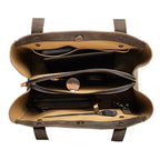 Leather Organizer Satchel in Black, top-down view of the open interior with zippered center pocket and slip pockets