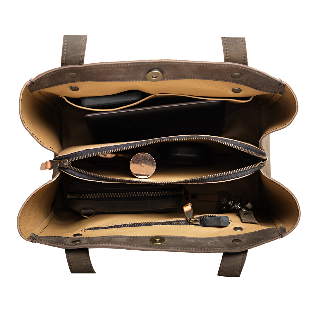 Leather Organizer Satchel in Black, top-down view of the open interior with zippered center pocket and slip pockets