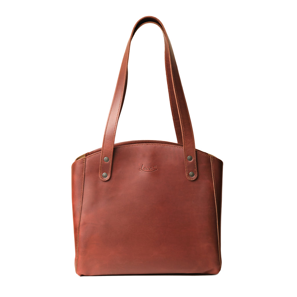 Leather Organizer Satchel in Chestnut, front view with embossed logo and twin shoulder handles