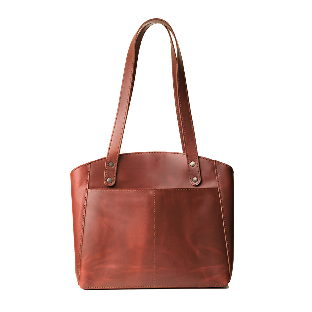 Leather Organizer Satchel in Chestnut, back view with exterior slip pockets