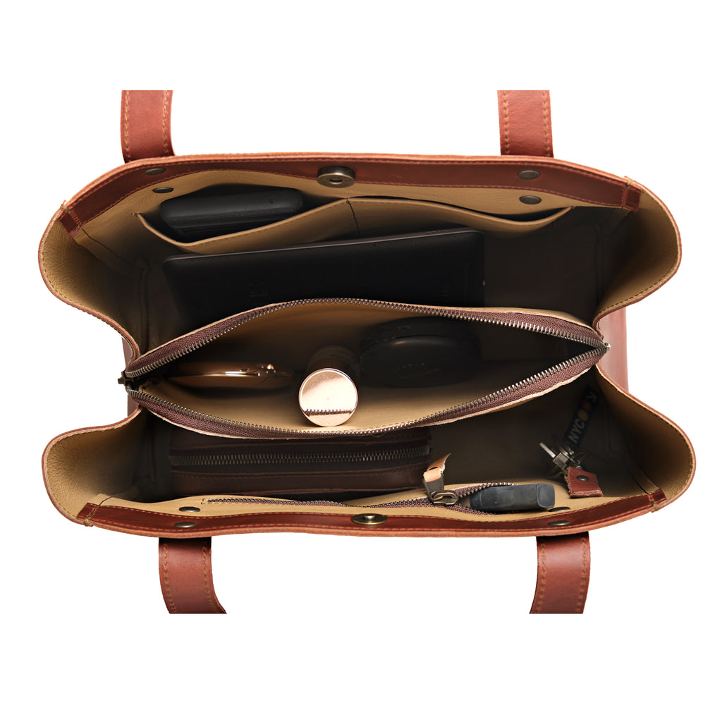 Leather Organizer Satchel in Chestnut, top-down view of the open interior with zippered center pocket and slip pockets