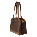 Leather Organizer Satchel in Dark Coffee Brown, angled side view showing the side zipper pull