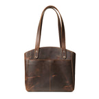 Leather Organizer Satchel in Dark Coffee Brown, back view with exterior slip pockets