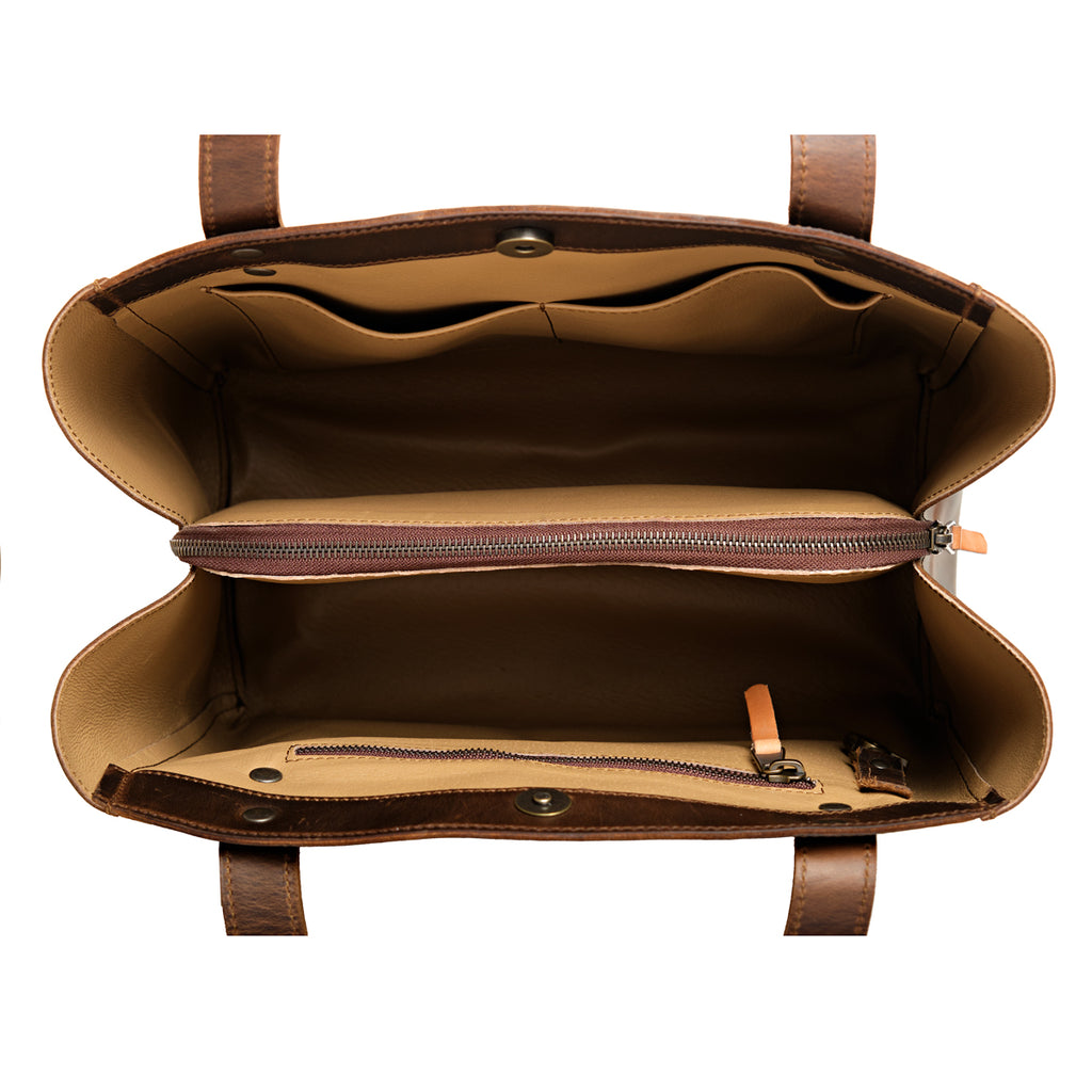 Leather Organizer Satchel in Dark Coffee Brown, top-down view of the empty interior with zippered divider and key clip