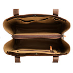 Leather Organizer Satchel in Dark Coffee Brown, top-down view of the empty interior with zippered divider and key clip