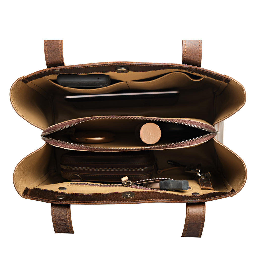 Leather Organizer Satchel in Dark Coffee Brown, top-down view of the open interior with zippered center pocket and slip pockets
