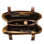 Leather Organizer Satchel in Dark Coffee Brown, top-down view of the open interior with zippered center pocket and slip pockets