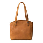 Leather Organizer Satchel in Tobacco, front view with embossed logo and twin shoulder handles