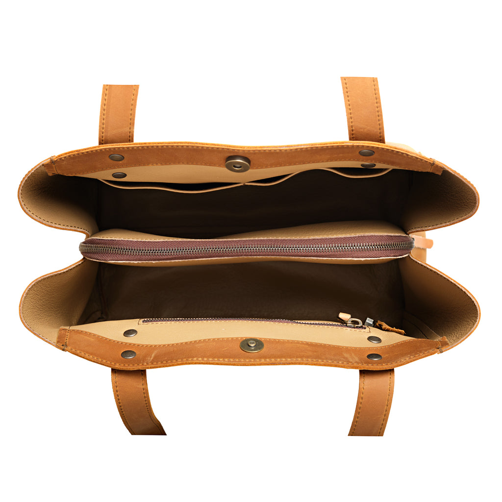 Leather Organizer Satchel in Tobacco, top-down view of the empty interior with zippered divider and key clip