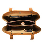 Leather Organizer Satchel in Tobacco, top-down view of the open interior with zippered center pocket and slip pockets