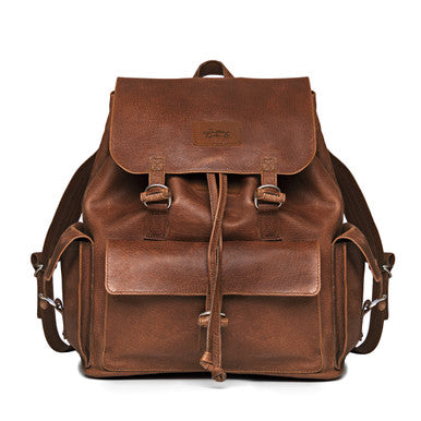 Large Travel Backpack in Burnt Sausage, front view with flap and side pockets