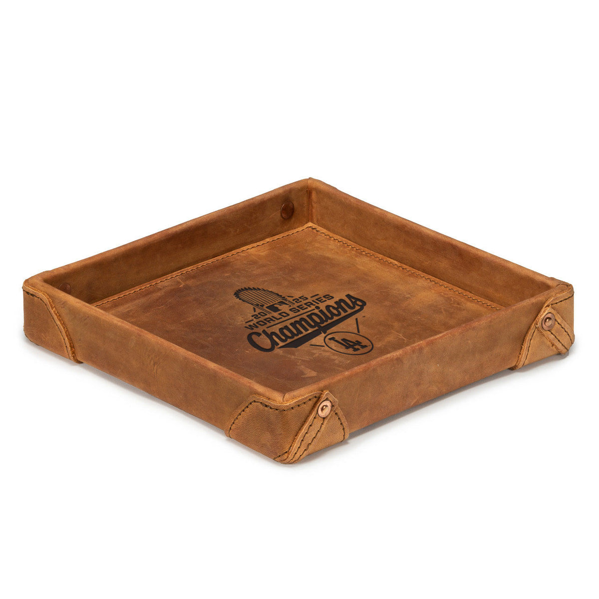 Leather Valet Tray - Los Angeles Dodgers World Series Champions in Tobacco, riveted corners and champions logo inside
