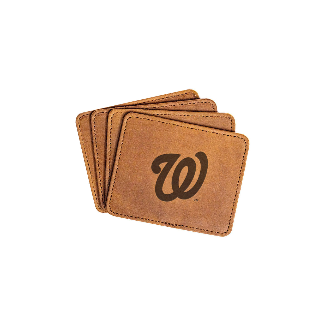 Washington Nationals Leather Coaster Set in Tobacco, four fanned coasters with embossed curly W logo