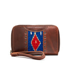 Lanita Thin Wallet in Chestnut, front view with woven diamond panel, studs and wrist strap